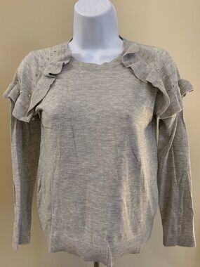 kidpik Light Gray Ruffle Shoulder Sweater